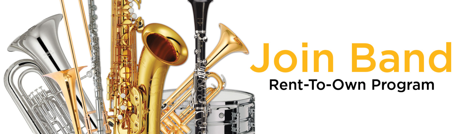 Join Band Rent to own program with image of band instruments.